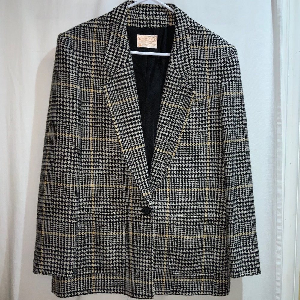 Pendleton glen plaid blazer Sz 14 long line single button patch pockets vintage
